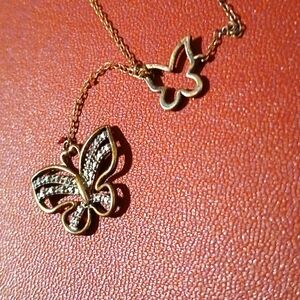 Sterling Double Butterfly Necklace Gold/Silver Diamonds